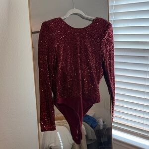 Lulu's Burgundy Sequin Bodysuit